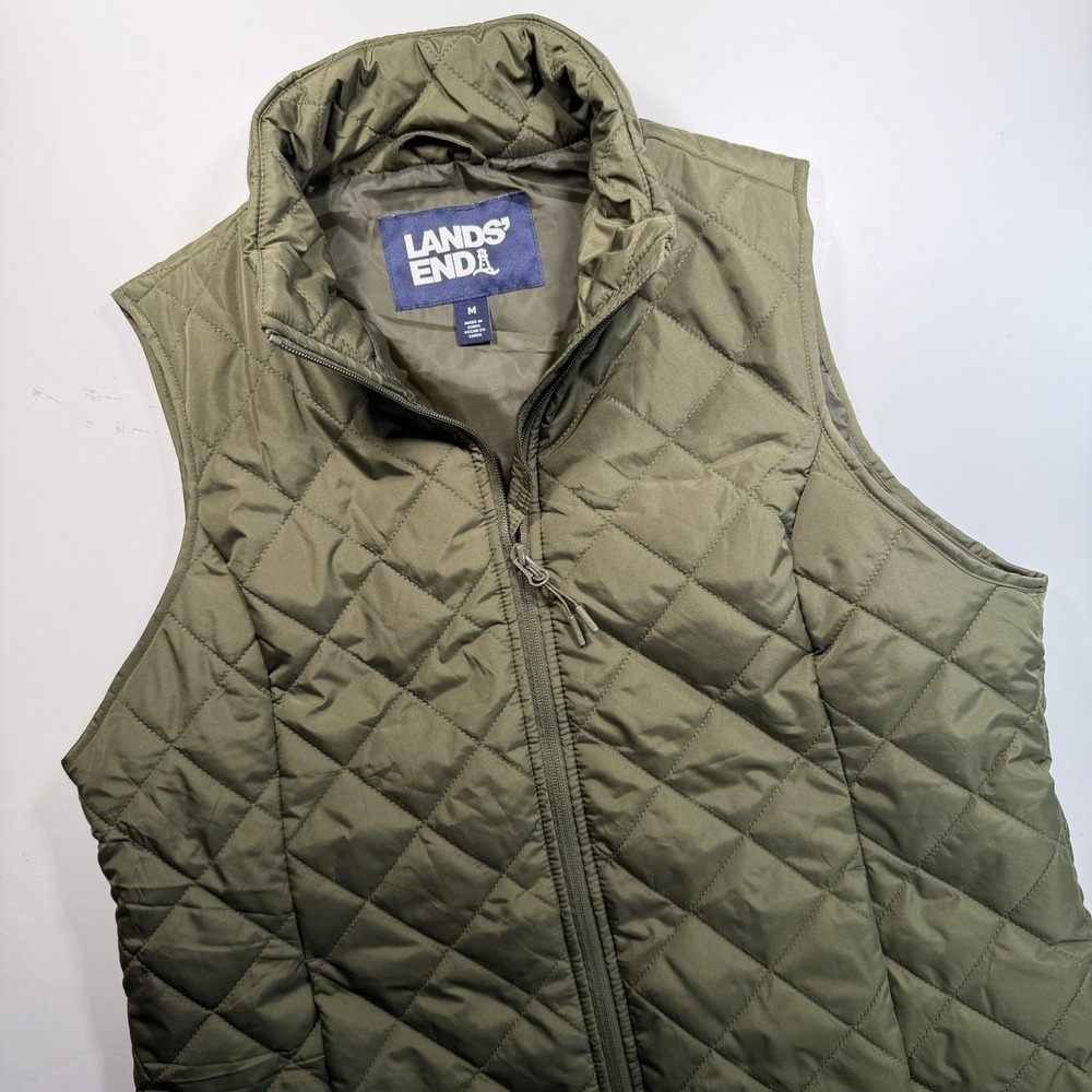 Lands End Green Quilted Vest Women's M Full Zip Classic Outdoor Hiking